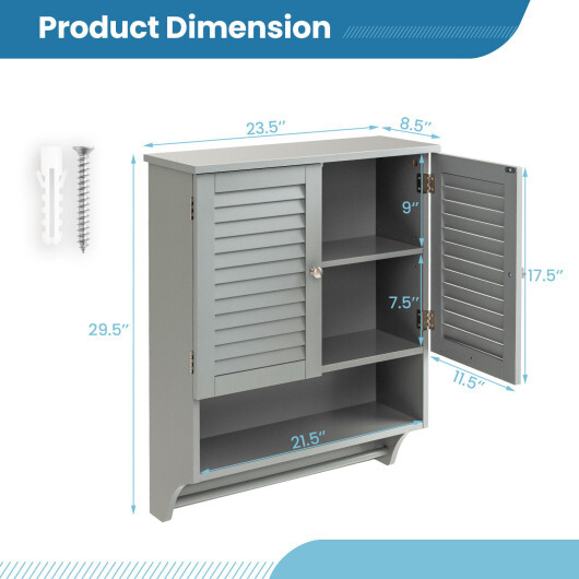 2-Doors Bathroom Wall-Mounted Medicine Cabinet with Towel Bar-Gray - Color: Gray - Image 3