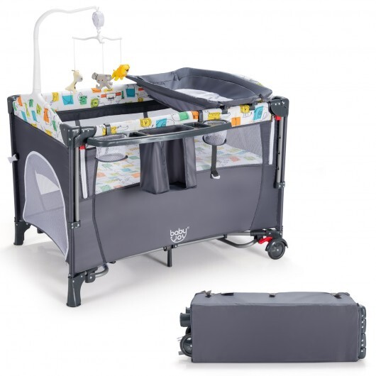 5-in-1 Baby Nursery Center Foldable Toddler Bedside Crib with Music Box-Gray - Color: Gray