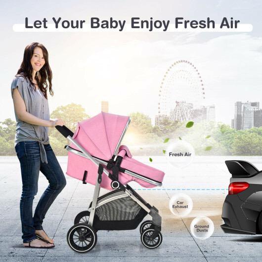 2-in-1 Convertible Baby Stroller with Reversible Seat-Pink - Color: Pink - Image 3