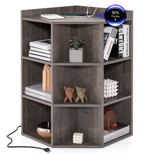 3-Tier Corner Cabinet with Charging Station for Bedroom-Gray - Color: Gray - Image 4