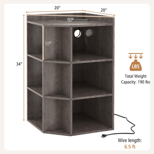 3-Tier Corner Cabinet with Charging Station for Bedroom-Gray - Color: Gray - Image 5