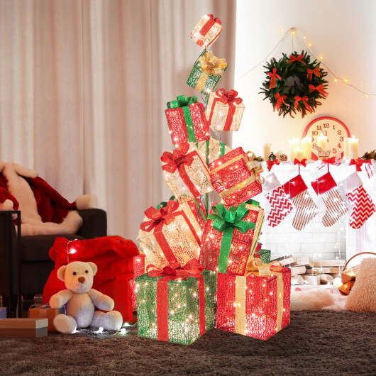 15 Stacked Lighted Christmas Gift Box Tower with 450 Warm White Lights - Color: Multicolor - Image 3