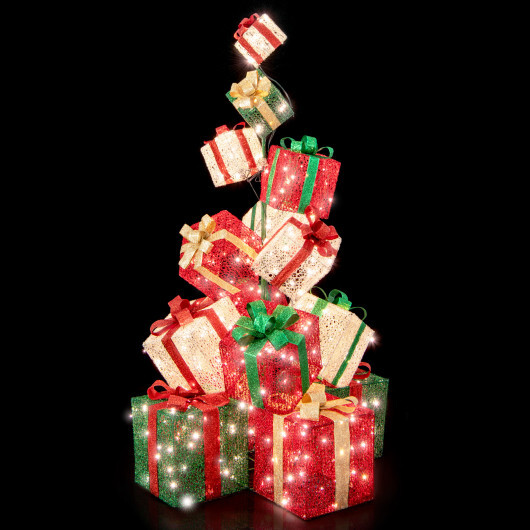 15 Stacked Lighted Christmas Gift Box Tower with 450 Warm White Lights - Color: Multicolor - Image 4