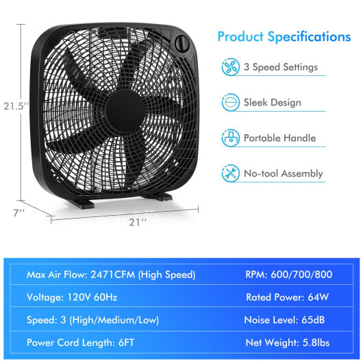 20 Inch Box Portable Floor Fan with 3 Speed Settings and Knob Control-Black - Color: Black - Image 4