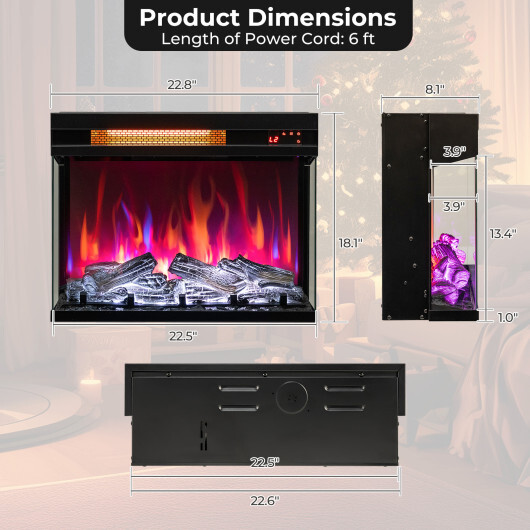 23 Inch 3-Sided Electric Fireplace 1500W Recessed Fireplace Insert-Black - Color: Black - Image 4