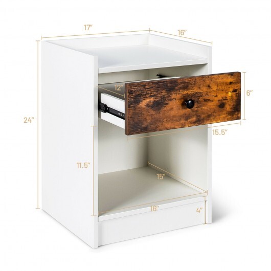 Set of 2 Nightstand with Drawer Cabinet End Side Table Raised Top-White - Color: White - Image 4