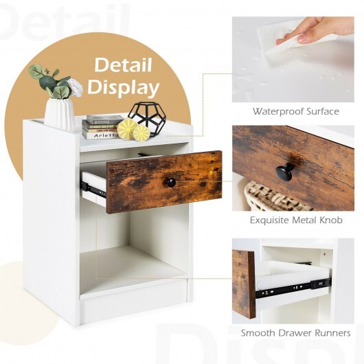 Set of 2 Nightstand with Drawer Cabinet End Side Table Raised Top-White - Color: White - Image 5