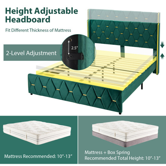 Queen/Full Size Upholstered Platform Bed Frame with Adjustable Headboard-Full Size - Color: Green - Size: Full Size - Image 5