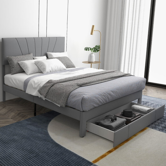 Full/Queen Size Upholstered Bed Frame with Drawer and Adjustable Headboard-Queen Size - Color: Gray - Size: Queen Size - Image 3