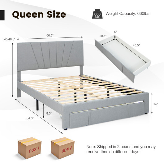Full/Queen Size Upholstered Bed Frame with Drawer and Adjustable Headboard-Queen Size - Color: Gray - Size: Queen Size - Image 5