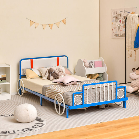 Twin Size Kids Bed Frame Car Shaped Metal Platform Bed with Upholstered Headboard - Color: Blue - Image 5