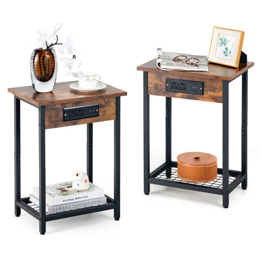 2 Pieces Bedside Nightstand Set with Open Shelf and Charging Station-Rustic Brown - Color: Rustic Brown
