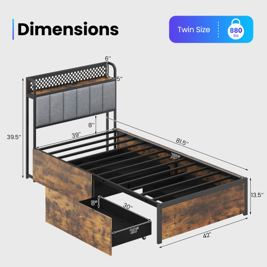 Twin/Full/Queen Bed Frame with LED Lights Upholstered Headboard and 4 Storage Drawers-Twin size - Size: Twin Size - Image 4