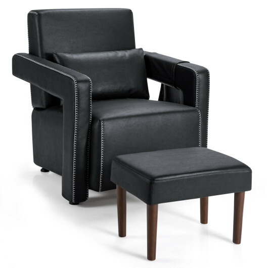 Modern Berber Fleece Single Sofa Chair with Ottoman and Waist Pillow-Black - Color: Black