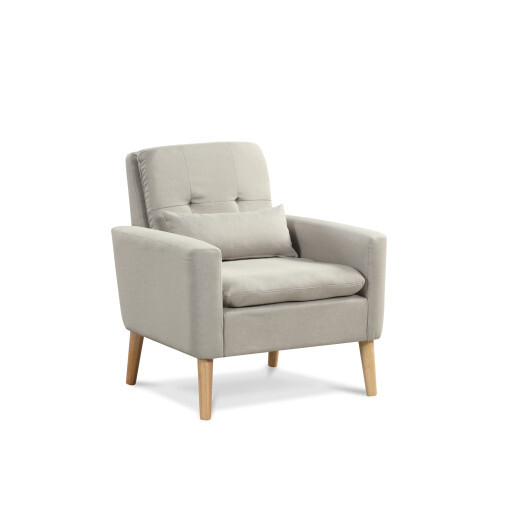 Accent Chair with Lumbar Pillow  Natural Rubber Wood Legs  Padded Cushions-Beige - Color: Beige