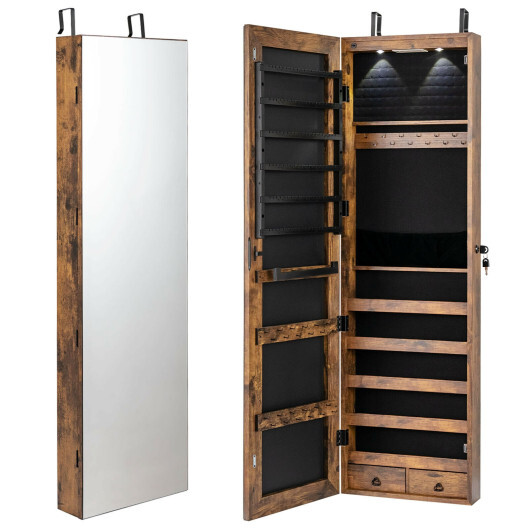 Wall and Door Mounted Mirrored Jewelry Cabinet with Lights-Rustic Brown - Color: Rustic Brown