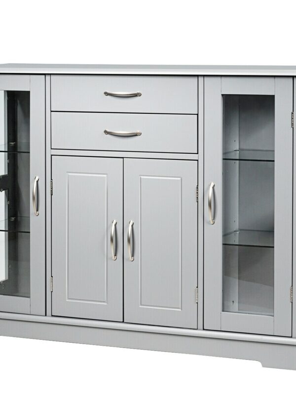 Sideboard Buffet Server Storage Cabinet with 2 Drawers and Glass Doors-Gray - Color: Gray