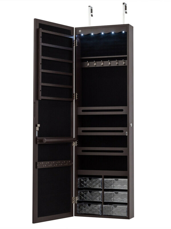 5 LEDs Jewelry Armoire Wall Mounted / Door Hanging Mirror-Brown - Color: Brown