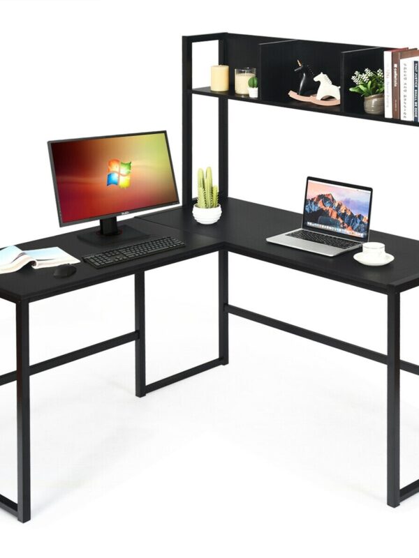 Reversible L-Shaped Corner Desk with Storage Bookshelf-Black - Color: Black