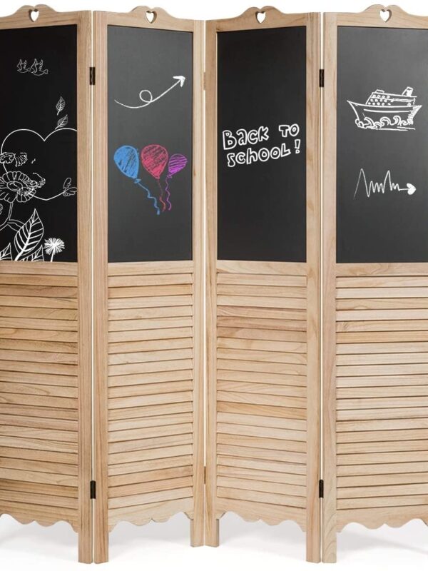 4-Panel Folding Privacy Room Divider Screen with Chalkboard  - Color: Natural