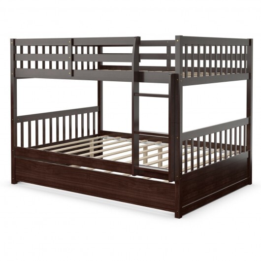 Full over Full Bunk Bed Platform Wood Bed with Ladder-Brown - Color: Brown