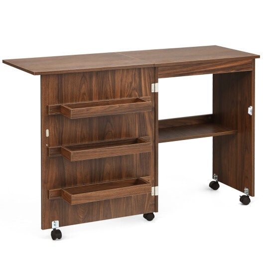 Folding Sewing Craft Table Shelf Storage Cabinet Home Furniture-Brown - Color: Brown