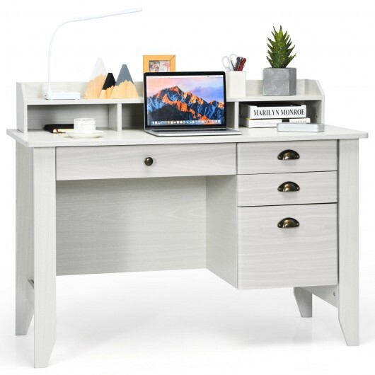 Vintage Computer Desk with Storage Shelves and 4 Drawer-White - Color: White