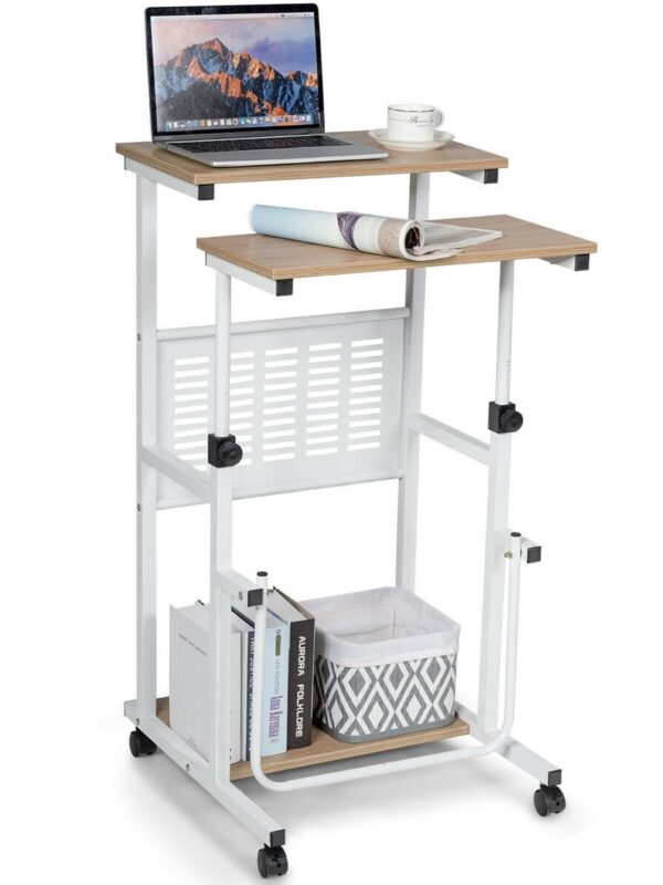 Height Adjustable Mobile Computer Stand-Up Desk with 2 Modes - Color: Oak