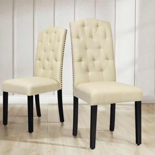 Set of 2 Tufted Upholstered Dining Chairs-Beige - Color: Beige - Image 4
