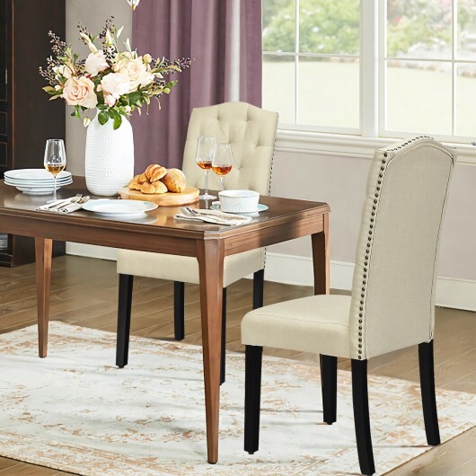 Set of 2 Tufted Upholstered Dining Chairs-Beige - Color: Beige - Image 5