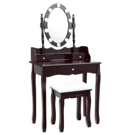 Oval Mirror Vanity Set  with 10 LED Dimmable Bulbs and 3 Drawers-Brown - Color: Brown