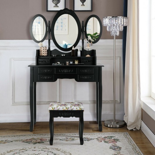 7 Drawer Tri-Folding Mirror Dressing Vanity Makeup Set-Black - Color: Black - Image 4