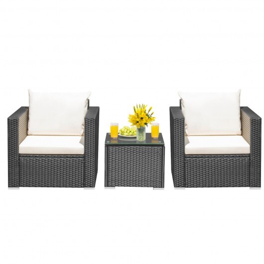 3 Pieces Patio Wicker Conversation Set?&nbsp;with Cushion-White - Color: White