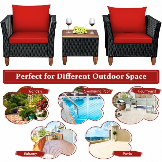 3 Pieces Outdoor Patio Rattan Furniture Set-Red - Color: Red - Image 3