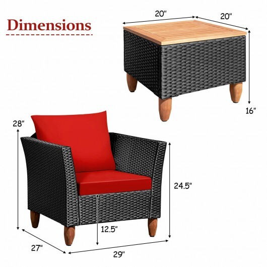 3 Pieces Outdoor Patio Rattan Furniture Set-Red - Color: Red - Image 4