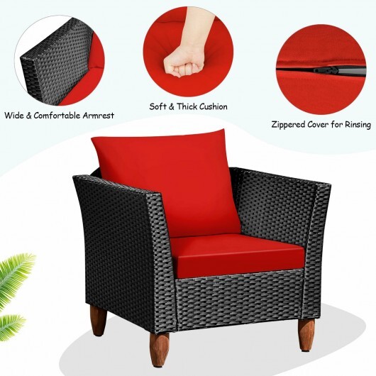 3 Pieces Outdoor Patio Rattan Furniture Set-Red - Color: Red - Image 5
