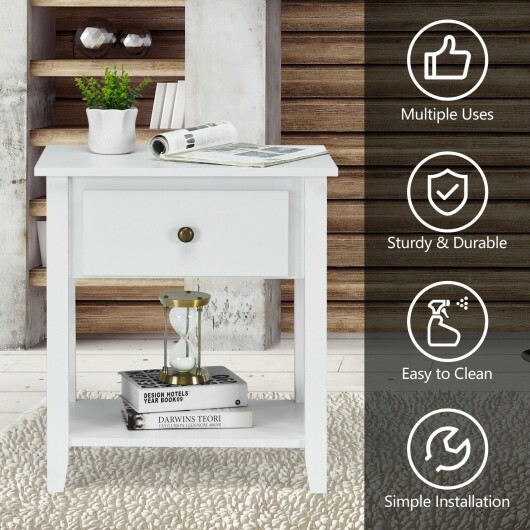 Nightstand with Drawer and Storage Shelf for Bedroom Living Room-Wine - Color: White - Image 3