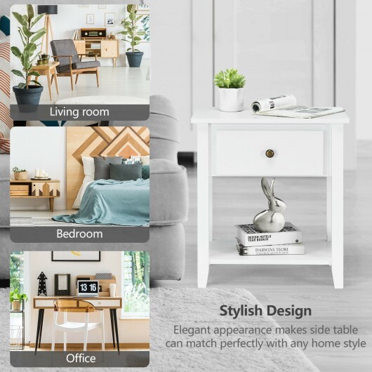 Nightstand with Drawer and Storage Shelf for Bedroom Living Room-Wine - Color: White - Image 5
