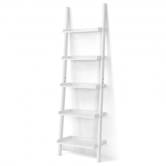 5-Tier Wall-leaning Ladder Shelf  Display Rack for Plants and Books-White - Color: White