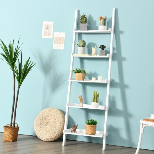 5-Tier Wall-leaning Ladder Shelf Display Rack for Plants and Books-White - Color: White - Image 6