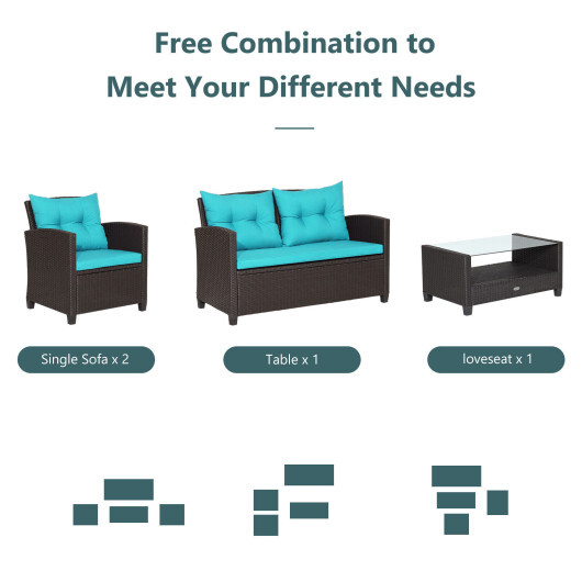 4 Pieces Patio Rattan Furniture Set with Tempered Glass Coffee Table-Turquoise - Color: Turquoise - Image 3