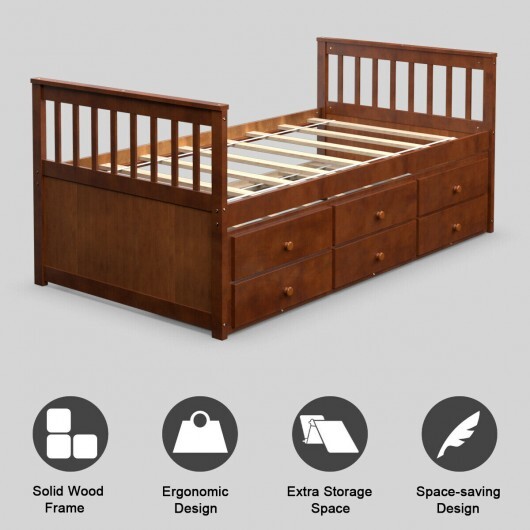 Twin Captain's Bed with Trundle and 3 Storage Drawers-Walnut - Color: Walnut - Size: Twin Size - Image 3