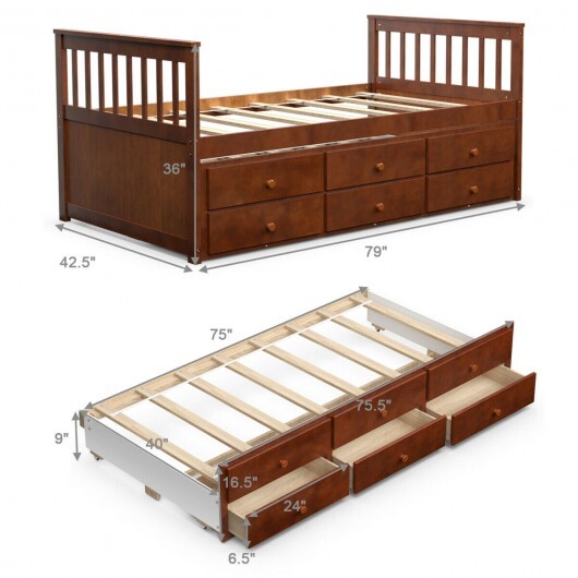 Twin Captain's Bed with Trundle and 3 Storage Drawers-Walnut - Color: Walnut - Size: Twin Size - Image 4