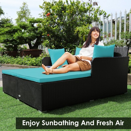 Spacious Outdoor Rattan Daybed with Upholstered Cushions and Pillows-Turquoise - Color: Turquoise - Image 3