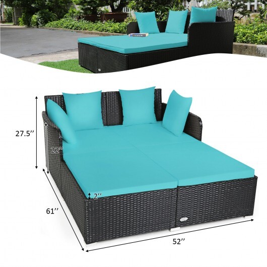 Spacious Outdoor Rattan Daybed with Upholstered Cushions and Pillows-Turquoise - Color: Turquoise - Image 4