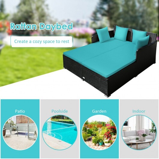Spacious Outdoor Rattan Daybed with Upholstered Cushions and Pillows-Turquoise - Color: Turquoise - Image 5