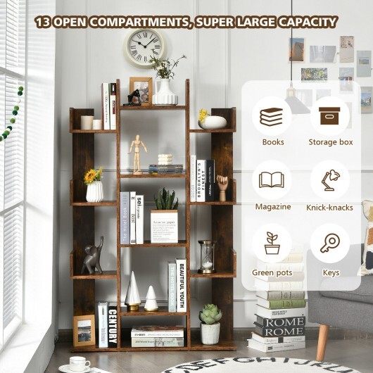 Tree-Shaped Bookshelf with 13 Compartments for Home Office-Rustic Brown - Color: Rustic Brown - Image 3