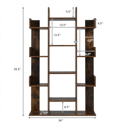 Tree-Shaped Bookshelf with 13 Compartments for Home Office-Rustic Brown - Color: Rustic Brown - Image 4