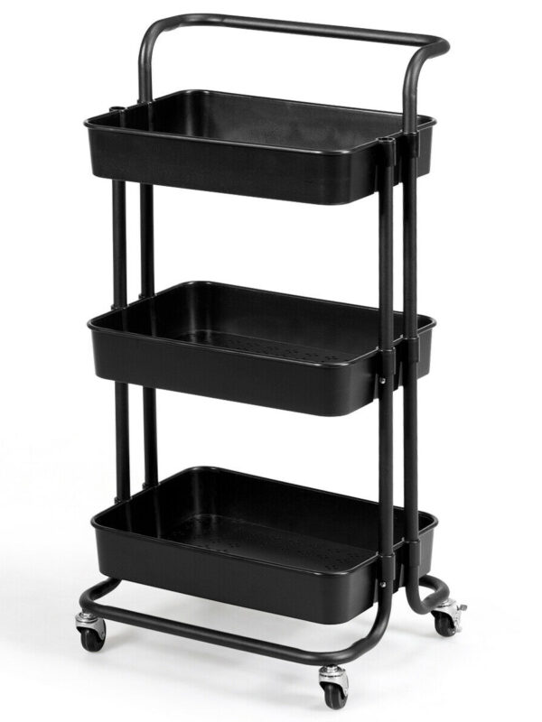 3-Tier Utility Cart Storage Rolling Cart with Casters-Black - Color: Black