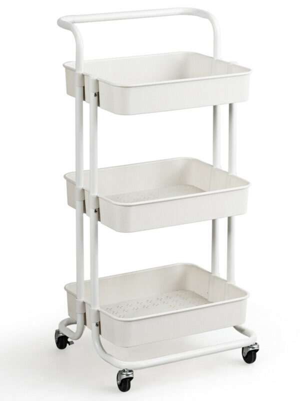 3-Tier Utility Cart Storage Rolling Cart with Casters-White - Color: White